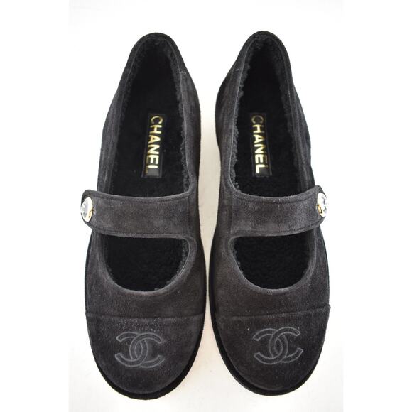 Chanel 25B Black Suede Shearling Fur Mary Jane Moccasin Ballet Loafer Flat 36.5 - Picture 9 of 16